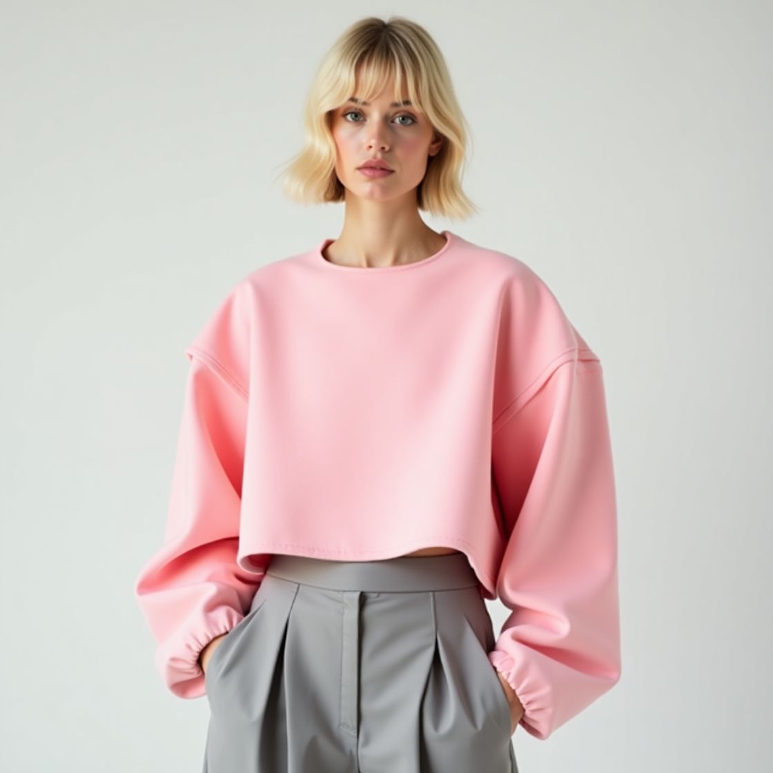 A blonde woman wearing a modern, over-fit pink blouse with whitegray slacks.