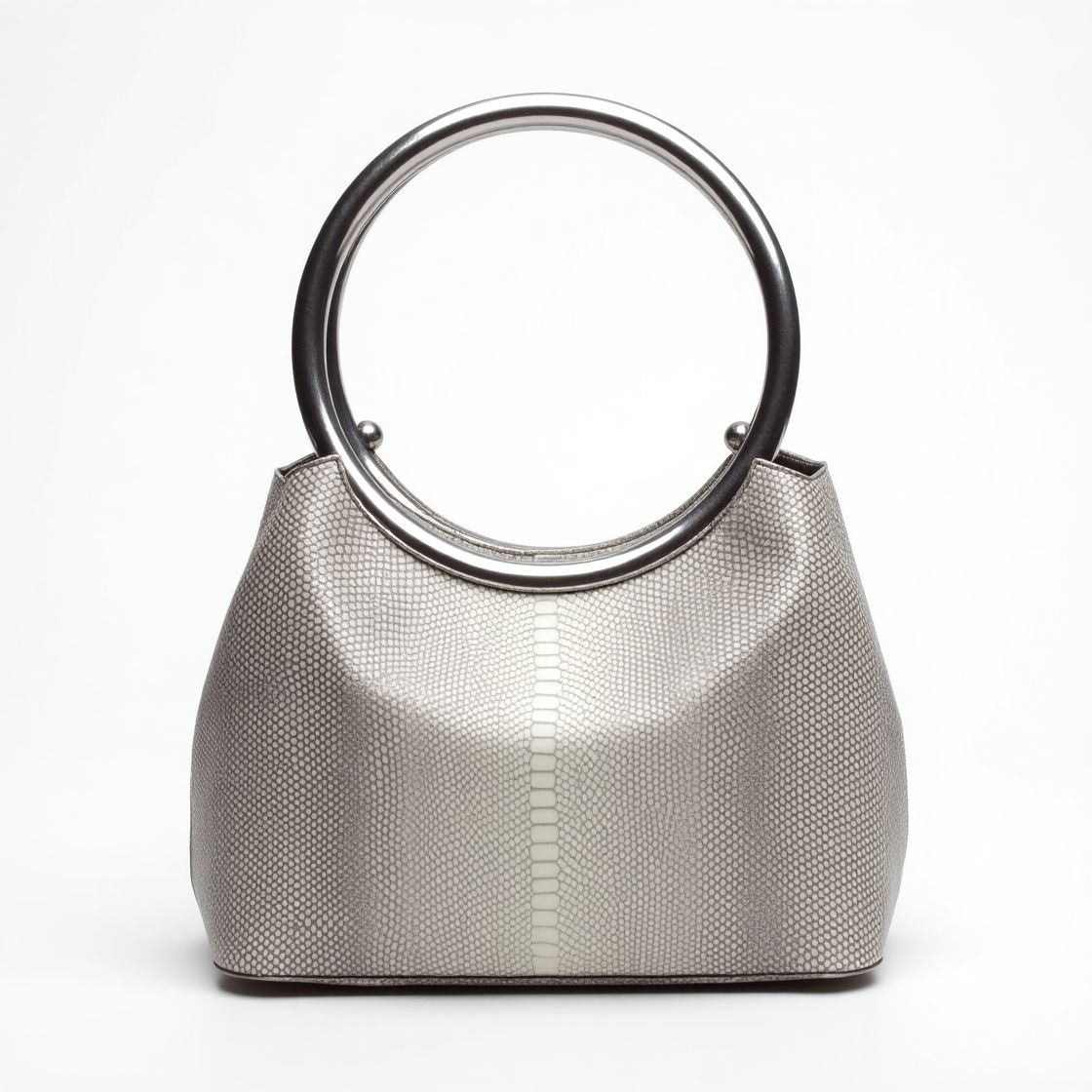 A silver, crocodile-textured handbag with a silver chain strap and a silver clasp.