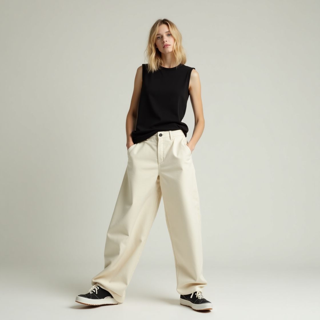 A blonde, cool woman wearing a black top with a white beige pants.