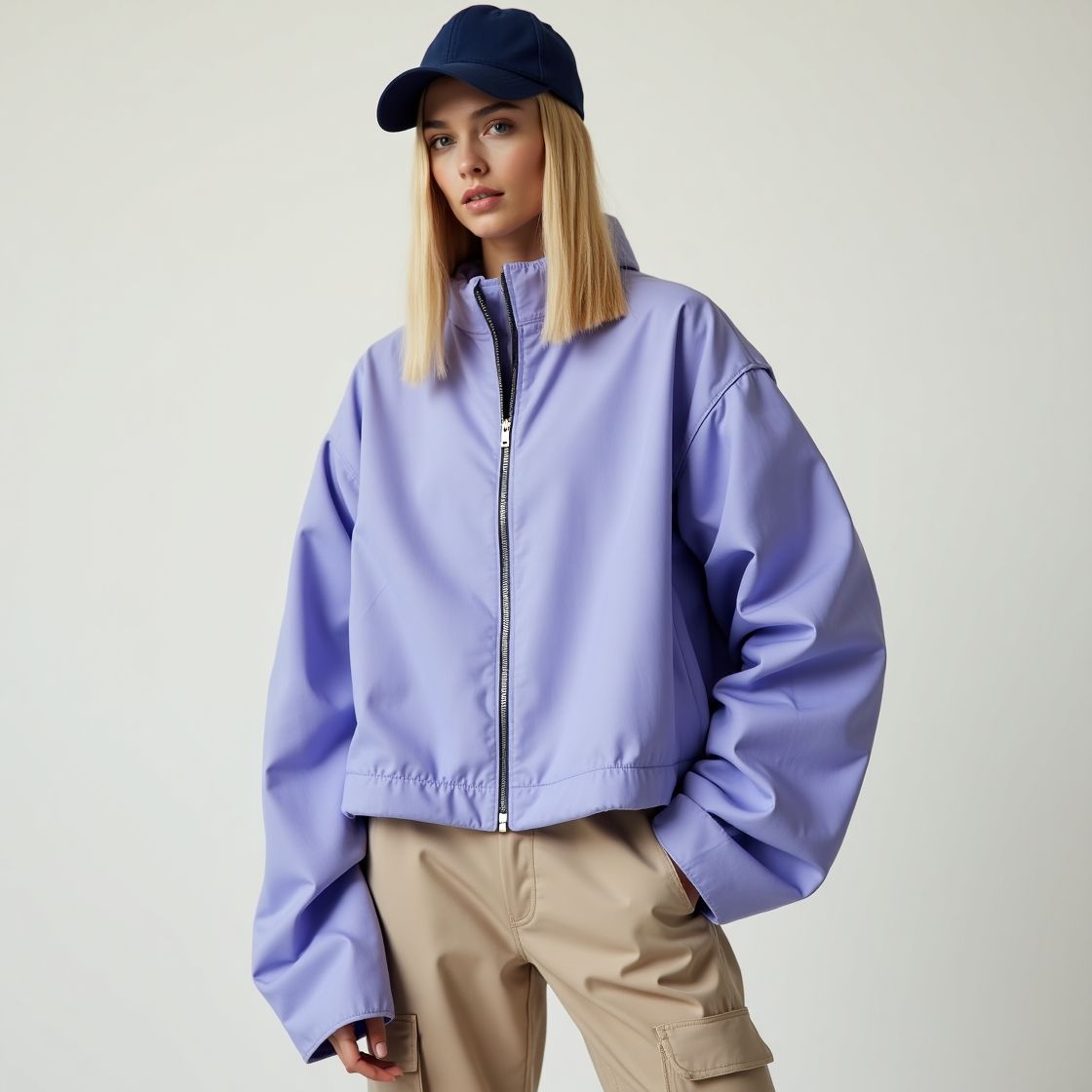 A blonde woman wearing a navy baseball cap, a light blue jacket, and a beige pants.